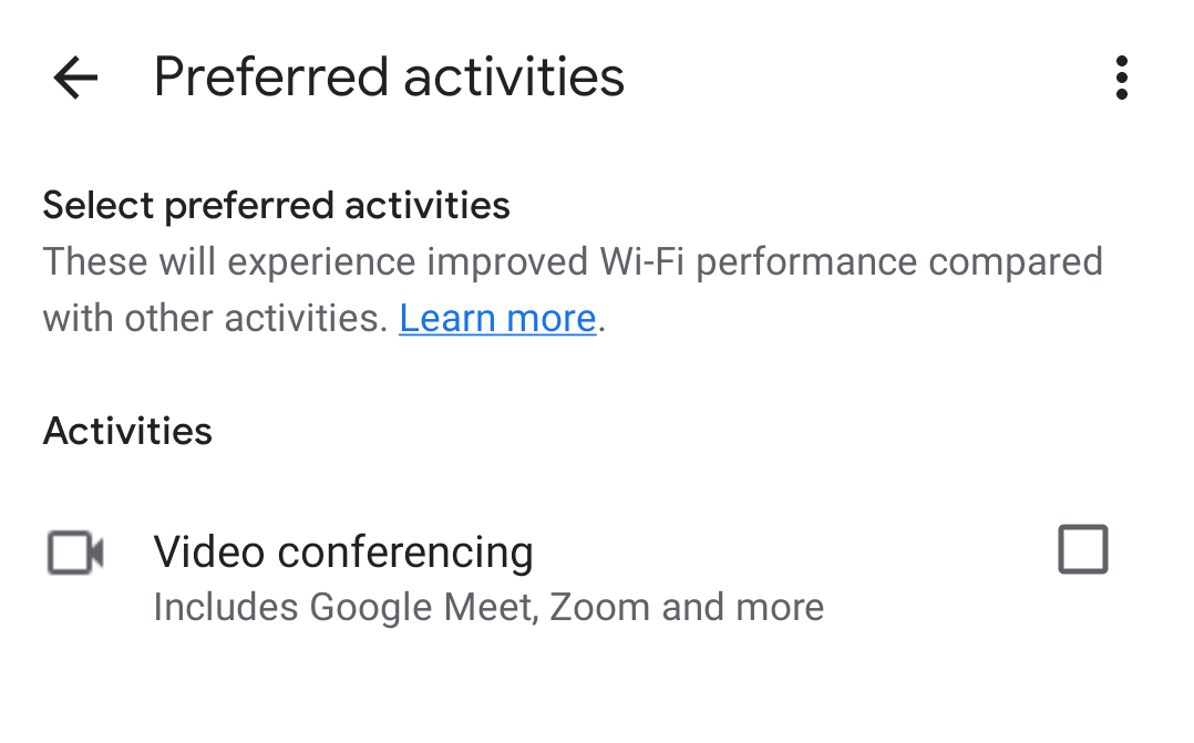 The preferred activities screen on the Home app