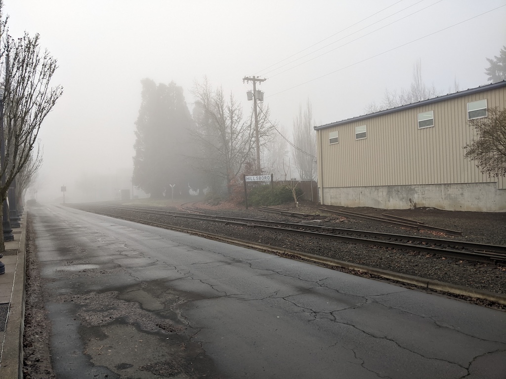 I'm standing at the MAX station looking southwest. This was the connection from the Tillamook District to the Forest Grove branch, but it's out of service.