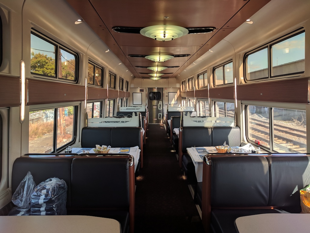 The dining car on the Crescent set for dinner in 2017