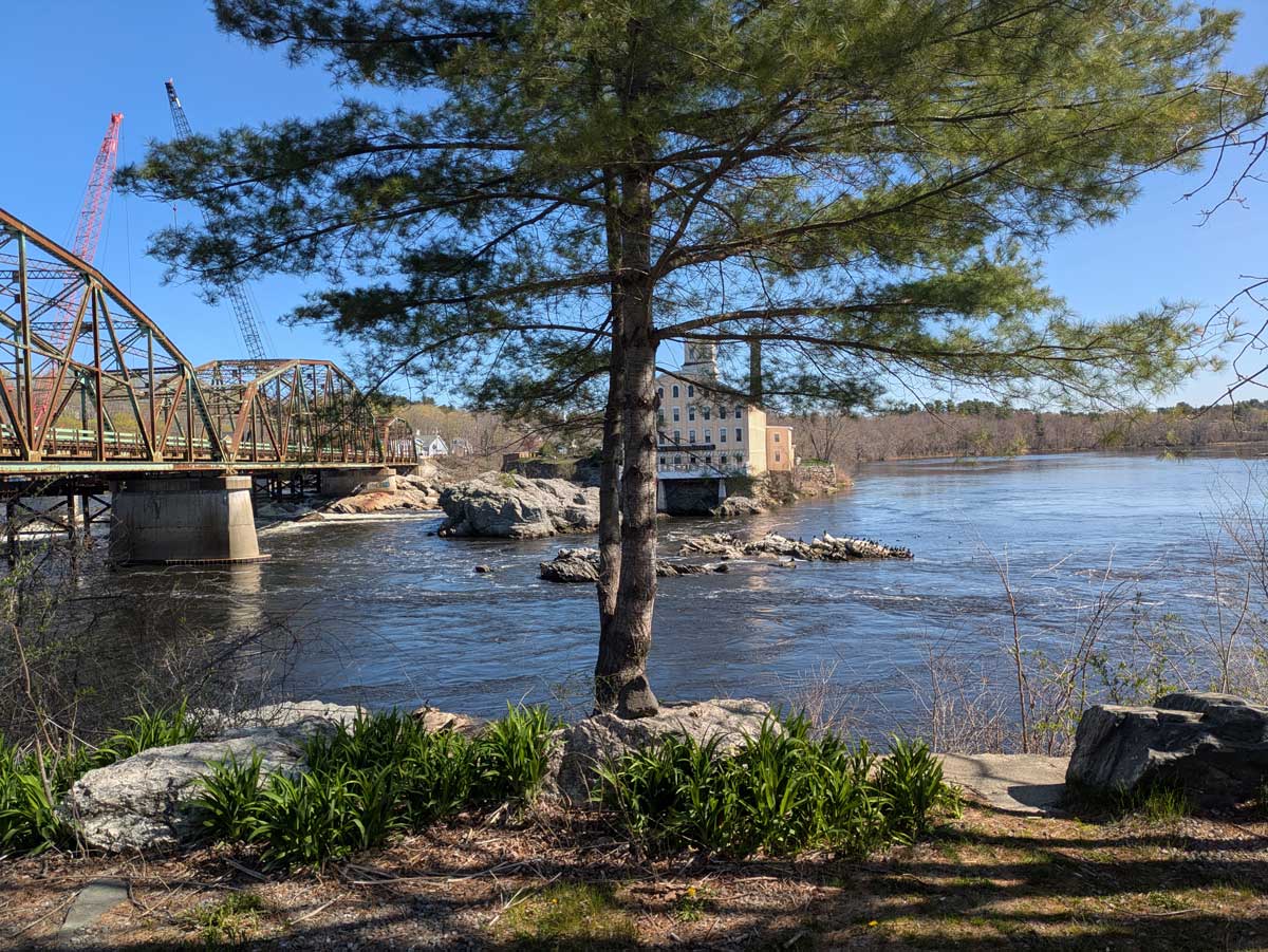 The Androscoggin River. On the left is the Frank J. Wood Bridge. At enter, Cormorant Island.